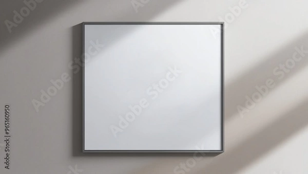 Fototapeta Minimalist empty room with a large window, featuring a blank frame on the wall, perfect for gallery design or home interior decoration