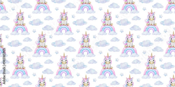 Fototapeta Fairy tale unicorn, Rainbow, stars and clouds. Watercolor nursery seamless pattern. Cute baby print for kid's goods, clothes, textiles, baby shower and children's room