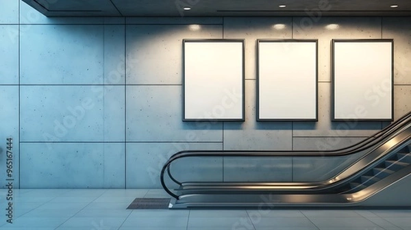 Obraz Escalator and Blank Billboard in Modern Subway Station
