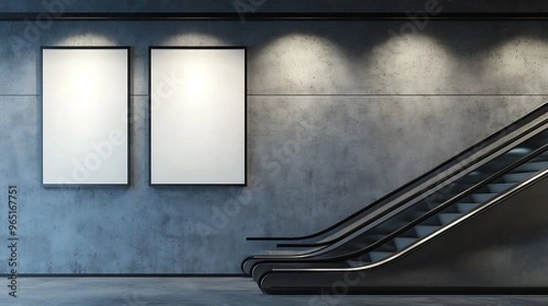 Obraz Escalator and Blank Billboard in Modern Subway Station
