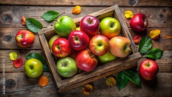 Fototapeta Freshly harvested apples of various hues are stacked in a wooden crate on a rustic table, radiating warmth