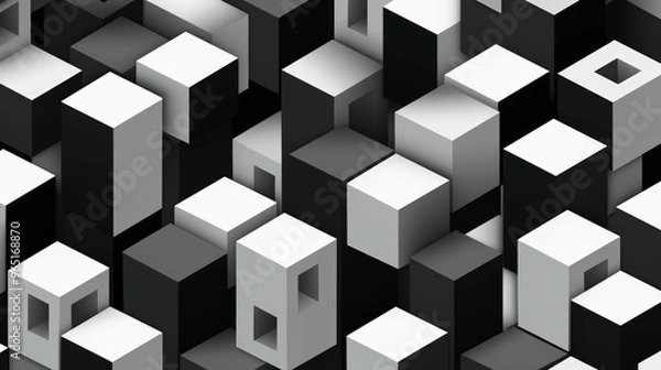 Fototapeta A dynamic arrangement of cubes showcases a modern, minimalistic pattern in bold black and white, highlighting high contrast and geometric shapes