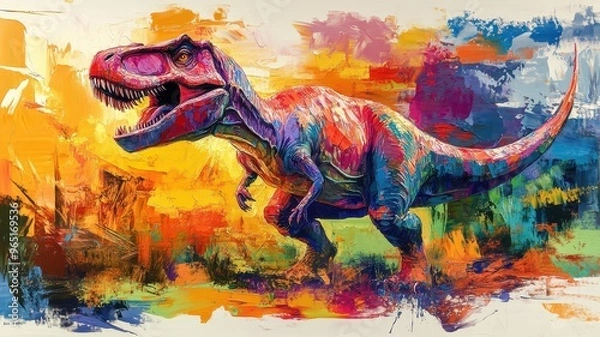 Obraz Dinosaur rendered in abstract expressionism style, using bold, dynamic brushstrokes and vivid colors to convey the powerful presence of the dinosaur.
