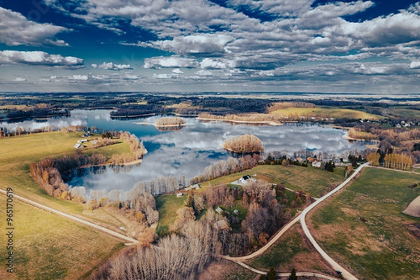 Obraz aerial view of a forest and big lake in Europe in autumn