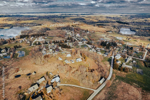 Fototapeta small European village in autumn aerial photo