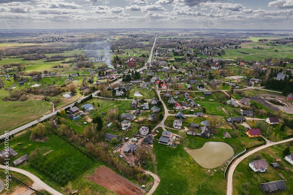 Fototapeta small European town in spring aerial photo