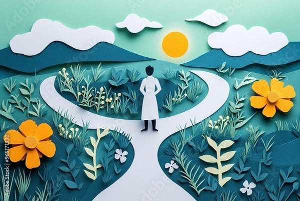 Obraz A Thought-Provoking Paper Cut Illustration of a Doctor at the Crossroads of Health Choices