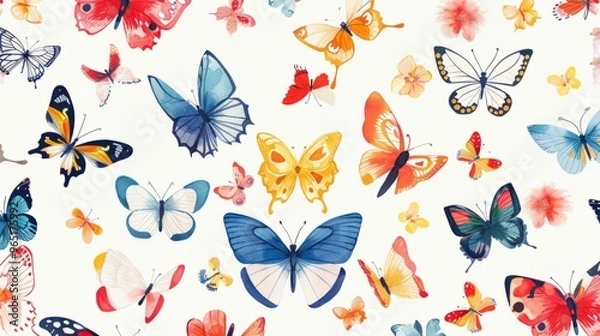 Fototapeta Seamless wallpaper design featuring delicate butterflies on a white background, ideal for crafts, scrapbooks, and artistic projects - elegant floral and butterfly patterns for decorative use