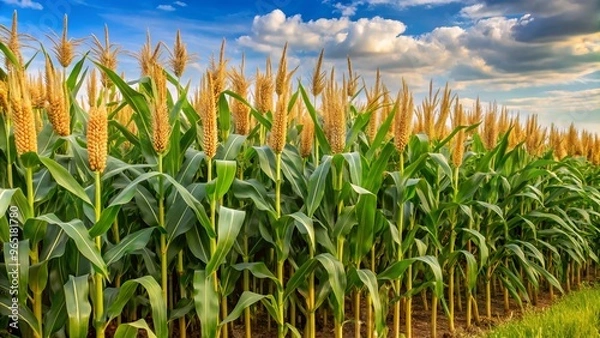 Fototapeta Mature corn stalks stretching towards the sky, golden tassels shimmering, a picturesque summer landscape unfolding as