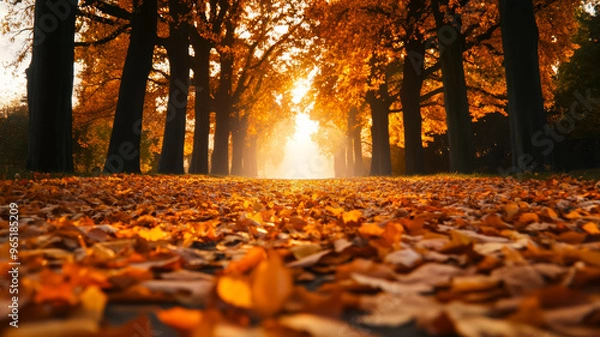 Fototapeta Sunlit path covered in autumn leaves with trees fading softly in the background 