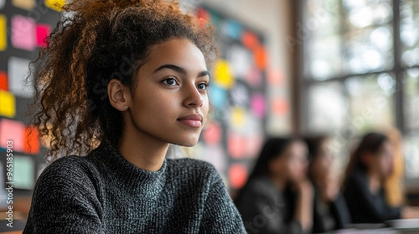 Fototapeta Thoughtful young woman in a classroom setting, engaged in learning with a colorful background of notes and ideas.