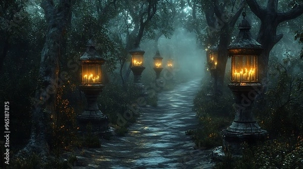 Obraz A spooky forest path illuminated by flickering candles in old, worn lanterns, casting eerie shadows on the surrounding trees and fog-covered ground. The lanterns sway slightly in the wind,
