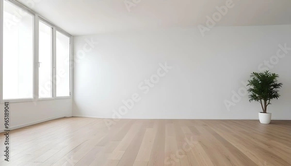 Fototapeta Empty room with white walls and wooden floor, minimal and clean interior design.