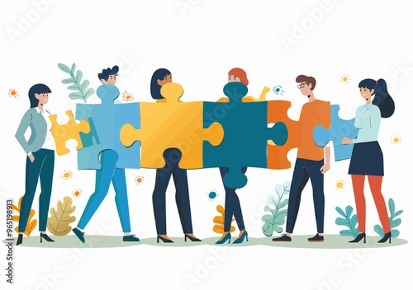 Fototapeta Collaborative Business Team Holding Puzzle Pieces Illustration - Teamwork, Cooperation, Problem Solving, Partnership, Office, Vector Art