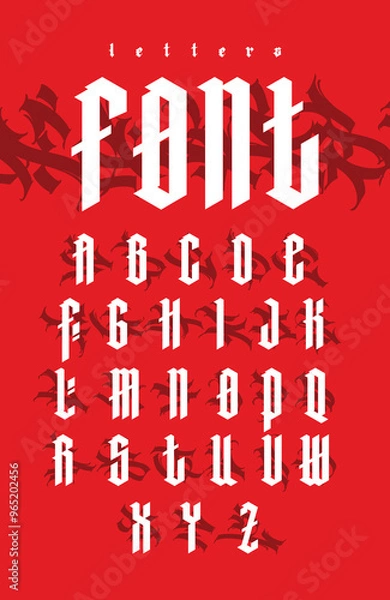 Fototapeta Gothic, English alphabet. Vector. Medieval Latin letters in graffiti style. Signs and symbols for tattoos. Calligraphy, lettering and tags. Sharp and smooth letters for monogram.