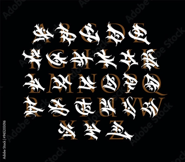 Fototapeta Graffiti style, alphabet. Vector. Graffiti letters, tags and classic Latin letters. Signs and symbols for design. Calligraphy, lettering and tags. Modern interpretation of the ancient font.