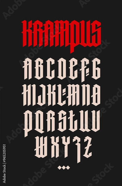 Fototapeta Gothic, English alphabet. Medieval Latin letters. Signs and symbols for tattoos. Old European style. Calligraphy and lettering. Sharp, angular letters for a monogram.