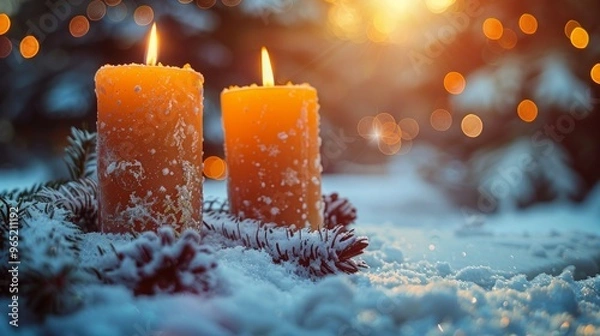 Fototapeta Christmas background with candles on a snow and bokeh