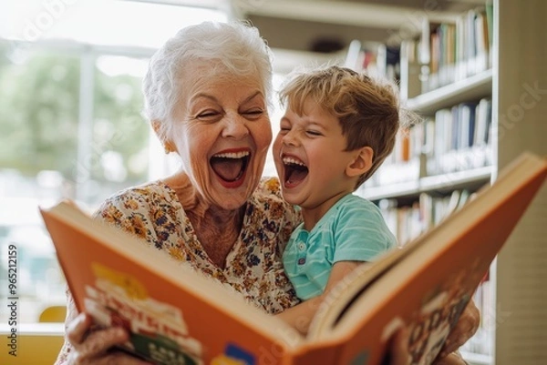 Obraz High-resolution brightly lit photorealistic candid photograph of a grandmother and grandchild sharing a fun moment at a local library, looking at books and laughing together. The photograph is styled