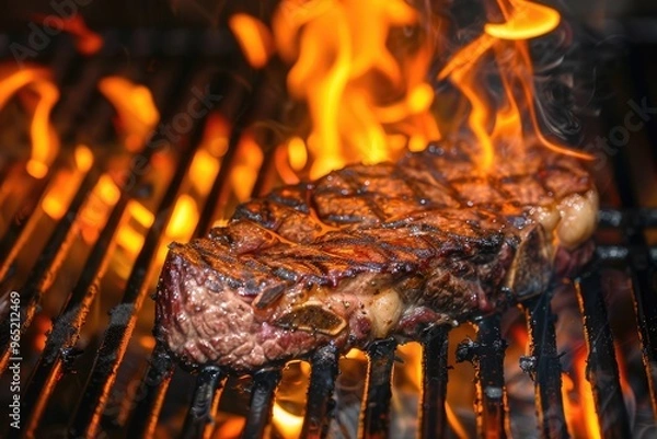 Obraz Juicy beef steak grilling with flames licking the edges