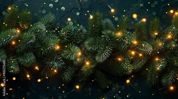 Fototapeta Christmas tree garland on transparent background. Holiday fir tree decoration, festive Christmas divider. Winter season frame, realistic spruce branch with golden confetti.