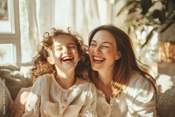 Fototapeta High-resolution brightly lit photorealistic candid photograph of a mother and daughter laughing together in a cozy, sunlit living room. The photo has a light and cheerful vibe, styled like a premium