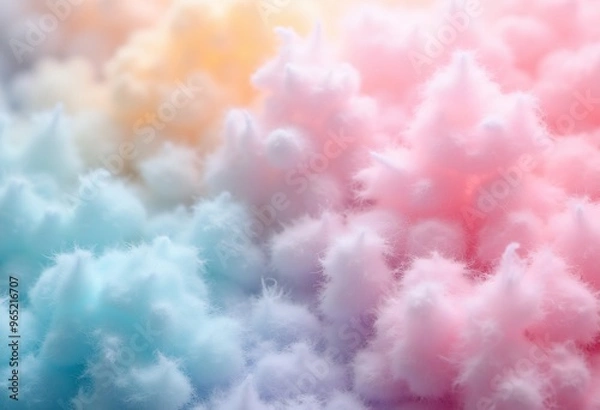 Fototapeta Fluffy eco fur background in pink blue and light orange gradient colors. Cotton candy wool abstract texture