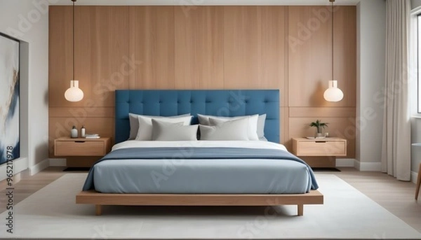 Fototapeta A modern and stylish bedroom with a large blue upholstered bed frame, wooden nightstands, and wall-mounted lamps.