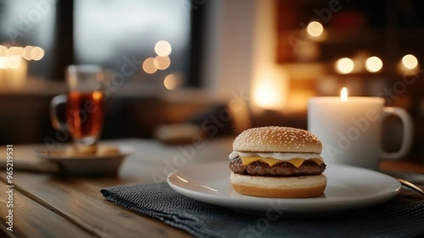 Fototapeta Hamburger with candlelight ambiance for a cozy, intimate dinner setting.