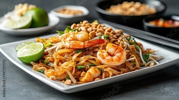 Obraz Vibrant Pad Thai plate with noodles, shrimp, bean sprouts, garnished with peanuts and lime wedges, colorful and flavorful.