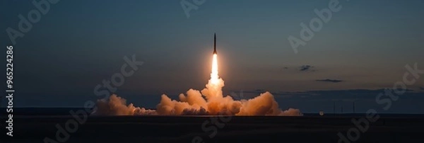 Fototapeta A rocket taking off into the night sky, radiating a luminous glow, embodying human ingenuity and the quest for knowledge.