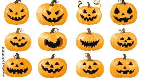 Fototapeta A collection of pumpkin clipart with various faces, arranged in a pattern