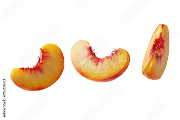 Fototapeta Flying Peach fruit with half slices floating in the air isolated on white or transparent background