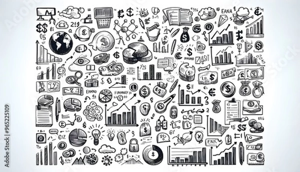 Fototapeta Hand-drawn financial and business icons, like graphs, pie charts, and currency symbols, scattered on a white background. Concept of business strategy and planning