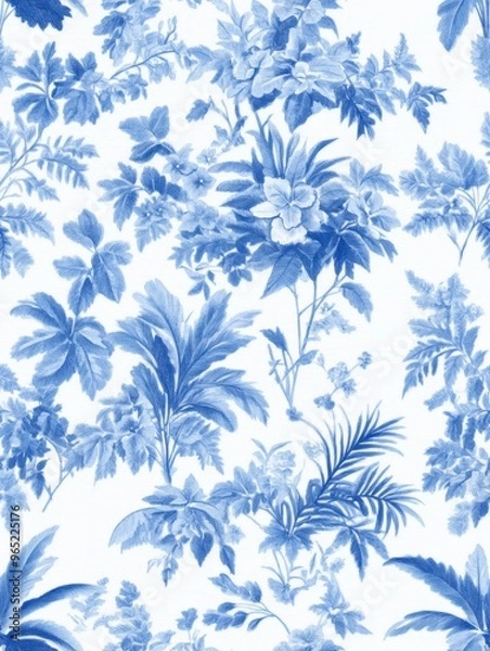 Fototapeta A seamless Toile De Jouy pattern in classic blue hues, featuring intricate pastoral landscapes