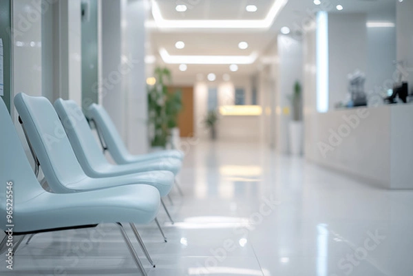 Obraz 薄い水色の椅子が並んでいる廊下の待合い