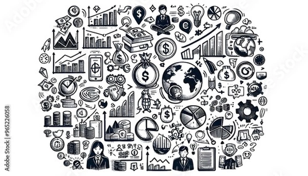 Fototapeta Hand-drawn financial and business icons, like graphs, pie charts, and currency symbols, scattered on a white background. Concept of business strategy and planning