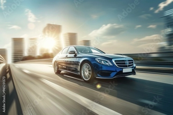 Fototapeta Blue luxury car riding fast on the highway with blurred cityscape background and sunlight