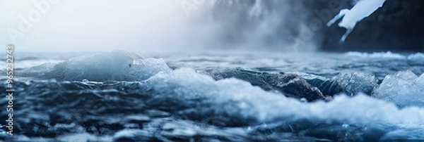 Fototapeta A breathtaking shot of waves crashing in the ocean with mist rising in the background, creating a dramatic scene.