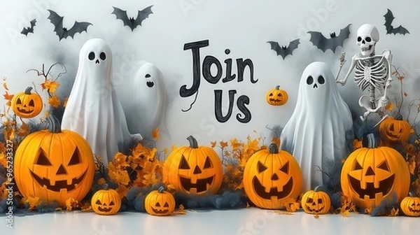 Fototapeta A Halloween party flyer with a bold "Join Us" headline, featuring ghost and skeleton graphics, white background
