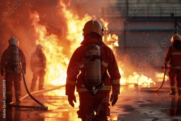 Fototapeta fireman with fire flame in an emergency situation in background., under danger situation all firemen