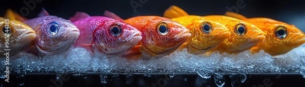 Fototapeta Brightly colored fish on ice, moving along a factory production line