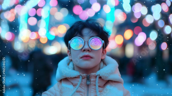 Obraz Stylish Korean man with neon reflections in augmented reality glasses, Wearable AR sunglasses in Korea urban city with bokeh lights, Futuristic fashion and immersive experience concept