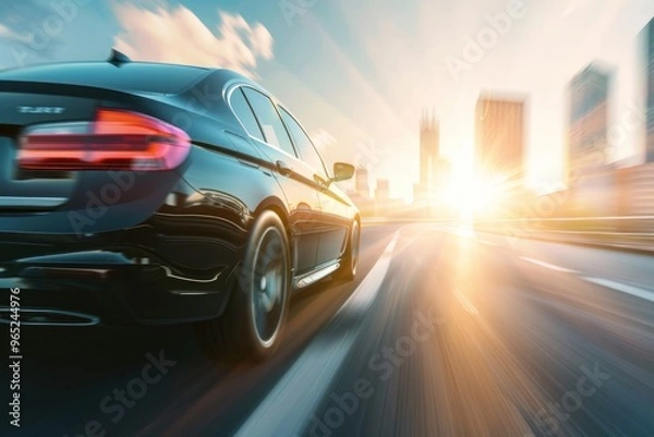 Fototapeta luxury car riding fast on the highway with blurred cityscape background and sunlight