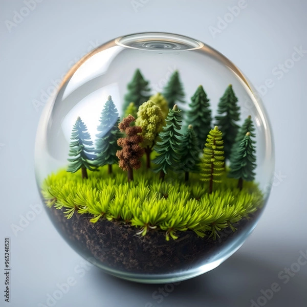 Fototapeta A glass globe filled with miniature trees and a tiny field of meticulously crafted grass