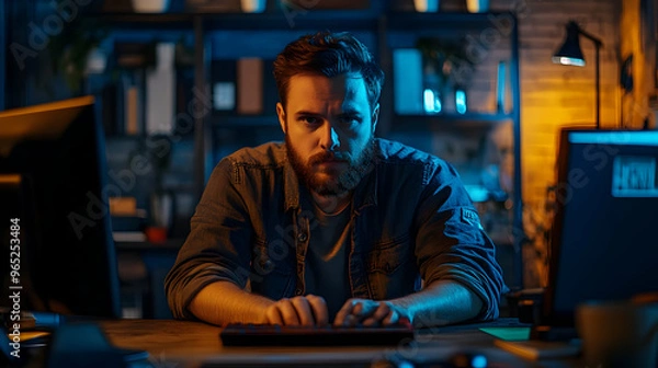 Obraz Focused Programmer Working Late: A Photo of Concentration and Coding