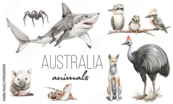 Fototapeta Australia animal and bird watercolor set. Hand drawn kangaroo, koala, kookaburra, echidna, kingfisher, cassowary, eucalyptus branch realistic collection. Astralia wildlife flora and fauna set