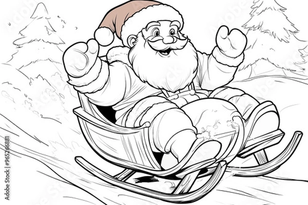 Fototapeta A cartoon of Santa Claus riding a sled down a snowy hill. The scene is cheerful and festive, with the bright colors and the happy expression on Santa's face. The image captures the joy