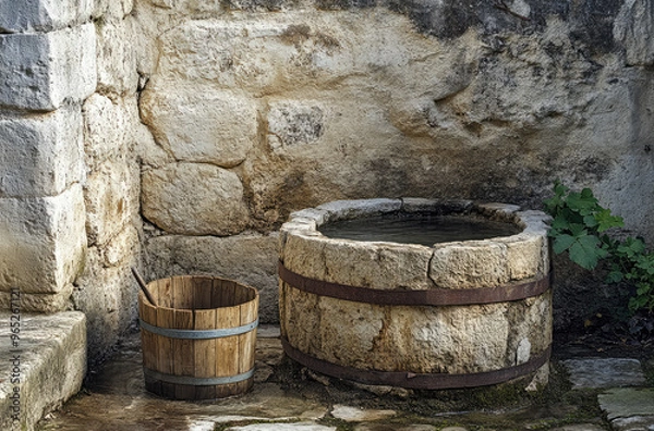 Fototapeta Rustic stone well with a wooden bucket and fresh country charm