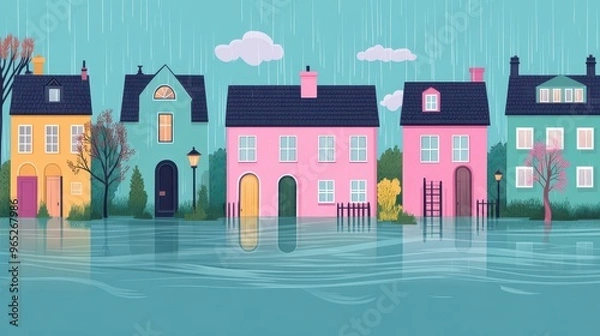Fototapeta A whimsical illustration of colorful houses submerged in rainwater, showcasing the beauty of a rainy day scene.